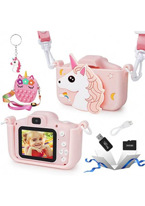 Kids Camera Kids Camera for Girls Unicorn Camera Gift for 5 6 7 8 Year Old Girls Unicorn Camera for Kids Girls 8X Zoom HD 1080P 32GB SD Card with Unicorn Pop Purse (Pink-1)