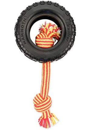 Mammoth TireBiterII with Cotton-Poly Rope – Natural Rubber Dog Toys for Extreme Chewers – Dog Toys for Extra Long Interactive Play – Aggressive Chewer Toys for Medium - Large Dogs - Large 6”