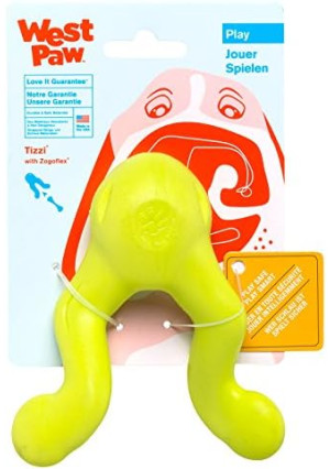 WEST PAW Zogoflex Tizzi Treat Dispensing Dog Toy – Interactive Play Toy for Dogs, Puppies – Floatable, High-Flying Toys for Fetch, Catch, Tug of War, Recyclable, Dishwasher Safe, Small, Granny Smith