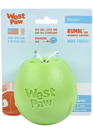 WEST PAW Zogoflex Rumbl Treat-Dispensing Dog Toy – Interactive Slow-Feeder Chew Toy for Dogs – Dog Enrichment Toy – for Moderate Chewers, Fetch, Catch – Holds Kibble, Treats (Jungle Green, Small)