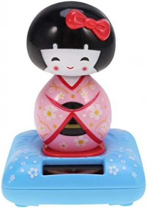 Amosfun Solar Powered Bobble Shaking Head Dancing Toy Japanese Kokeshi Doll Figurines Statues Car Dash Board Decorations Pink