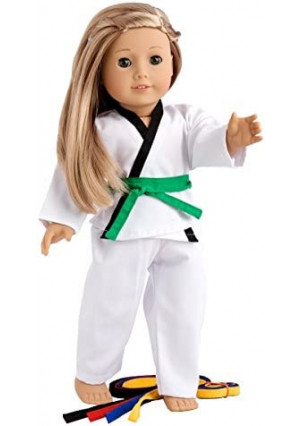 White Karate / Tae Kwon Do Outfit Includes Blouse, Pants and 5 Belts - Yellow, Green, red, Blue and Black - for 18inch Our Generation for American Girl Doll NAA02