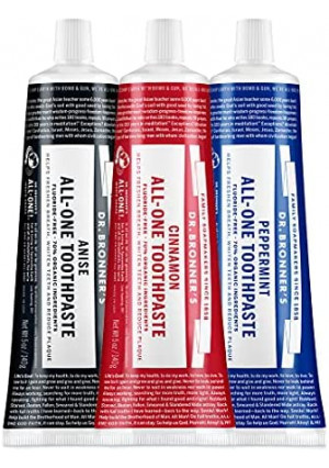 Dr. Bronner’s - All-One Toothpaste (3-Pack Variety) 5 Ounce Peppermint, Cinnamon, Anise - 70% Organic Ingredients, Natural and Effective, Fluoride-Free, SLS-Free, Helps Freshen Breath, Reduce Plaque