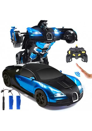 RC Cars Robot for Kids Remote Control Car Transformrobot Toys for Boys Girls Age of 6,7,8-16 Year Old Gifts One Button Transforms into Robot with LED Light Intelligent Vehicle (Blue)