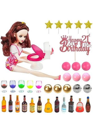 Mini Wine Bottles Cake Toppers With 12 Mini Wine Bottles 5 Mini Wine Glasses 1 Toilet Toy 1 Beauty Doll 21st Birthday Cake Topper for Celebrating Birthday 21st Girl Party (Brown)