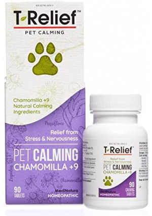 MediNatura T-Relief Pet Calming Natural Comfort Remedy & Nervousness Relief with Chamomile + 9 Homeopathic Stress Relieving Active Ingredients - Relaxing Herbal Blend for Dog & Cat - 90 Tablets