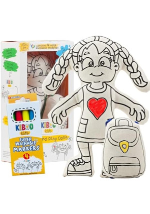 Kiboo Kids Color Your Doll - Washable Art Toy with Mini Doll Backpack and Markers - Educational Craft for Creative Play (Girl Doll with Braids)