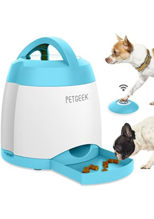 PETGEEK Treat Dispenser Dog Toys, Automatic Pet Feeder with Dual Power Supply and Remote Control, Dog Puzzle Toys and Interactive Dog Toys in One for Indoor or Outdoor Play(Blue)