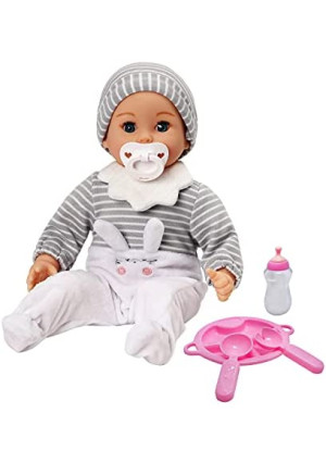 DOLLFUN My Sweet Baby Mealtime Play Set, 14-inch Baby Doll Feeding Set, Includes Food Plate, Fork, Spoon, Magic Milk Bottle and a Pacifier. Accessories for Toddlers Boy Girl, Caucasian, Blue Eyes…