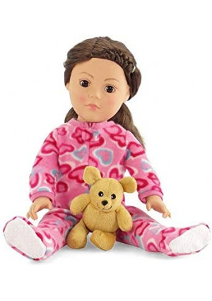 Emily Rose 18 Inch Doll Valentine Hearts PJs Pajamas Set with Teddy Bear! | Gift Boxed! | Fits My Life and American Girl Dolls | Pink Footed 18" Doll Pajamas PJs Outfit