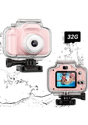 Kids Waterproof Camera Toys for 3-12 Year Old Girls Birthday Children Underwater Sports Video Camera HD Toddler Digital Action Camera 2 Inch Screen with 32GB Card