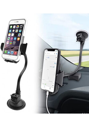 Macally Windshield Phone Mount for Car, Super Strong Suction Cup Phone Holder for Truck - Universal Gooseneck Window Phone Mount for Car, Compatible with iPhone, Samsung, Cell Phone, Android, Mobile