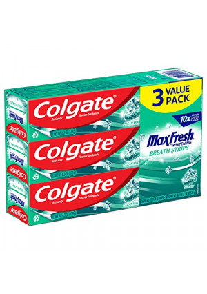 Colgate Max Fresh with Whitening Toothpaste with Mini Breath Strips, Clean Mint Toothpaste for Bad Breath, 6.3 Oz Tube. 3 Pack