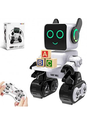 Robots for Kids, Remote Control Robot Toy Intelligent Interactive Robot LED Light Speaks Dance Moves Built-in Coin Bank Programmable Rechargeable RC Robot Kit (White)