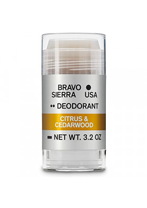 Aluminum-Free Natural Deodorant for Men by Bravo Sierra - Long Lasting All-Day Odor and Sweat Protection - Citrus and Cedarwood, 3.2 oz - Paraben-Free, Baking Soda Free, Vegan and Cruelty Free - Will Not Stain Clothes.