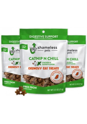 Shameless Pets Cat Treats - Crunchy Treats for Cats with Catnip, Coat, & Digestive Support, Sustainable Upcycled Natural Ingredients & Real Meat, Low Calorie Healthy Feline Food - 3-Pk