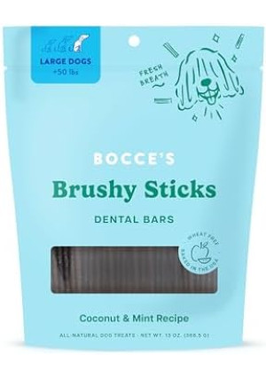 Bocce’s Bakery Dailies Brushy Sticks to Support Oral Health & Fresh Breath, Wheat-Free Dental Bars for Dogs, Made with Real Ingredients, Baked in the USA, All-Natural Coconut & Mint Recipe, Large Dogs