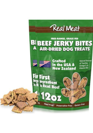 Real Meat Dog Treats - Two 12oz Bag of Bite-Sized Air-Dried Beef Jerky for Dogs - Grain-Free Jerky Dog Treats with 95% Human-Grade, Free-Range, Grass Fed Beef - All-Natural High Protein Dog Treats