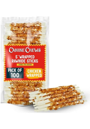 Canine Chews 5" Double Wrapped Chicken Dog Treats - 100% USA Chicken Wrapped Dog Treats Double Chicken Sticks for Dogs - Wrapped Dog Chicken Treats - Chicken Wrapped Rawhide Dog Sticks Treats 100pk