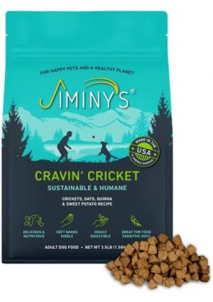 Jiminy's Dry Dog Food - Hypoallergenic Dog Food, Made in The USA, Gluten-Free, Sustainable, Sensitive Stomach Dog Food, High Protein - Cravin' Cricket Insect Protein Oven-Baked Dog Food 3.5 lb Bag