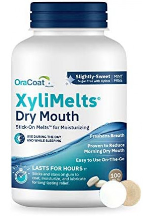 OraCoat XyliMelts Dry Mouth Relief Oral Adhering Discs, Slightly Sweet with Xylitol, For Dry Mouth, Stimulates Saliva, Non-Acidic, Day and Night Use, Time Release for up to 8 Hours, 100 Count