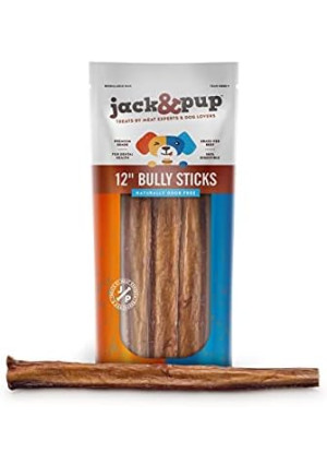 Jack&Pup 12-inch Premium Grade Odor Free Bully Sticks Dog Treats [Thick-Size] 12” Long All Natural Gourmet Dog Treat Chews – Fresh and Savory Beef Flavor – 30% Longer Lasting (3 Ct) - Model F214