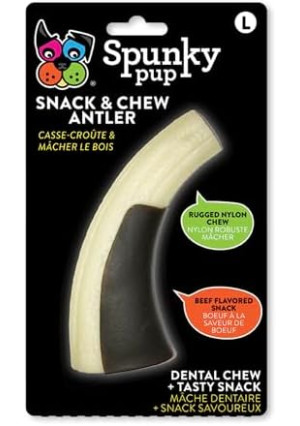 Spunky pup Snack & Chew Antler for Dogs | 2-in-1 Beef Flavored Rugged Nylon Dog Chew Treat and Dog Toy | Dental Chew for Healthy Teeth and Gums | Long Lasting Treat for Pets | Med to Large Breeds