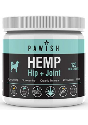 Hemp Hip & Joint Supplement for Dogs with Organic Hemp Oil, Glucosamine, Turmeric, MSM - for Joint Support, Mobility, Arthritis Pain Relief and Anxiety - 120 Soft Chews