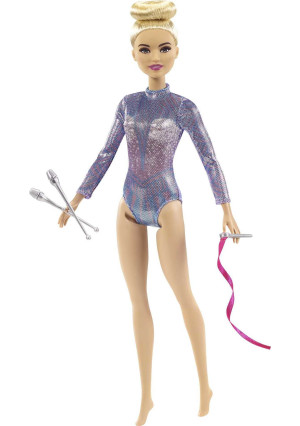 Barbie Rhythmic Gymnast Blonde Doll (12-in) with Colorful Metallic Leotard, 2 Clubs & Ribbon Accessory, Great For Ages 3 Years Old & Up