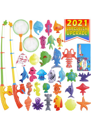 Magnetic Fishing Toys Game Set for Kids by ECLifeHack for Bathtime or Pool Party with Pole Rod Net, Plastic Floating Fish - Toddler Education Teaching and Learning of all Size Colors Ocean Sea Animals