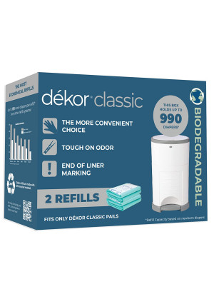 Dekor Classic Diaper Pail Biodegradable Refills | 2 Count | Most Economical Refill System | Quick and Simple to Replace | No Preset Bag Size  Use Only What You Need | Exclusive End-of-Liner Marking