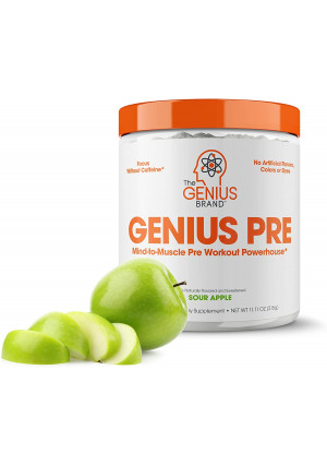 Genius Pre Workout Powder  All Natural Nootropic Preworkout and Caffeine Free Nitric Oxide Booster w/Beta Alanine and Alpha GPC | Boost Focus, Energy and NO | Muscle Builder Supplement Sour Apple  20SV