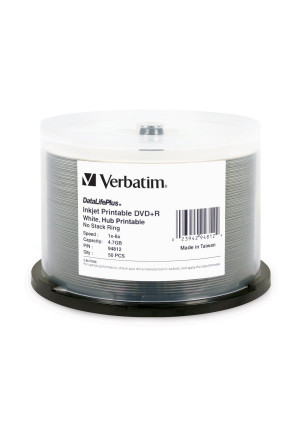 Verbatim DVD+R 4.7GB 8X DataLifePlus Inkjet Printable, Hub Printable 50 Disc Spindle, White 94812