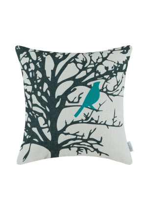 Euphoria Home Decorative Cushion Covers Pillows Shell Cotton Linen Blend Vintage Shadow Teal Bird Black Tree 18"  X 18" 