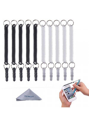 Stylus Tether, Wisdompro 10pcs Pack of Detachable Elastic Coil Tether Strings / Lanyards with 3.5mm earphone jack for Stylus Pens - Black / Clear