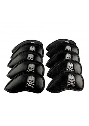 Craftsman Golf 10pcs Black Skull Thick Pu Synthetic Leather Golf Iron Head Covers Set Headcover Skull Fit All Brands Titleist, Callaway, Ping, Taylormade, Cobra, Nike, Etc.