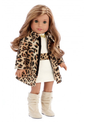 DreamWorld Collections Fashion Girl - 3 piece outfit - Cheetah Coat, Ivory Dress and Ivory Boots - 18 Inch Doll Clothes (doll not included)