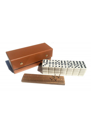 Alex Cramer Travel Domino Set With Caramel-Colored Leather Case - Professional Tournament Domino Set - 28 Indestructible Double-Six Dominoes