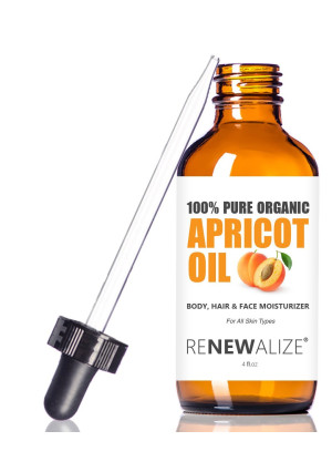 Organic APRICOT KERNEL OIL by Renewalize in LARGE 4 OZ. DARK GLASS BOTTLE with Glass Eye Dropper | Highest Quality 100% Pure and Unrefined | A Fantastic Light Massage Oil | Softens Dry Skin