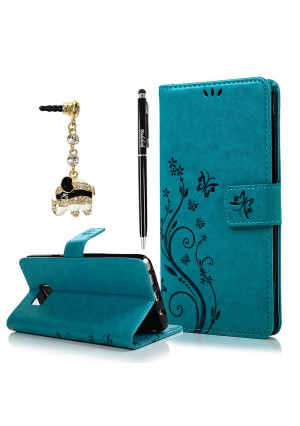 Note 5 Case, Samsung Galaxy Note 5 Case - Badalink Fashion Wallet Purse PU Leather Embossed Flowers Butterfly [Card Holders] Flip Cover with Hand Strap and 3D Cute Elephant Dust Plug and Stylus Pen - Blue