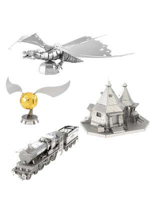 Fascinations Metal Earth 3D Metal Model Kits - Harry Potter Set of 4 - Hogwarts Express Train, Hagrid's Hut, Golden Snitch, Gringotts Dragon