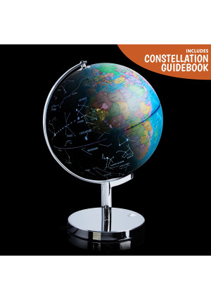 3-in-1 World Globe, LED Constellation Map and Nightlight with Sturdy Chromed Steel Base – Illuminated Globes of the World with Stand and Bonus Constellation Guide