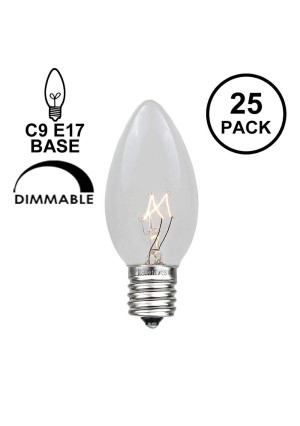 Novelty Lights 25 Pack C9 Outdoor Christmas Replacement Bulbs, Clear, E17/C9 Base, 7 Watt