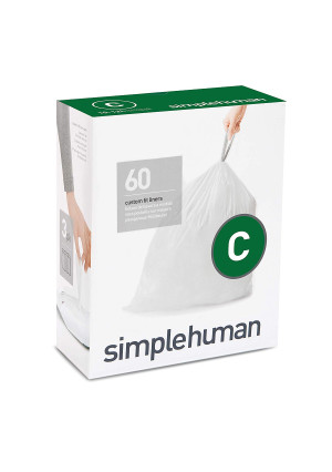 simplehuman Code C Custom Fit Liners, Drawstring Trash Bags, 10-12 Liter / 2.6-3.2 Gallon, 3 Refill Packs (60 Count)