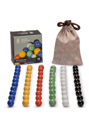 Yellow Mountain Imports Marbles for Chinese Checkers, Set of 60, 6 Solid Colors, 10 Marbles for Each Color, Includes Velvet Drawstring Pouch