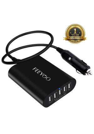 FEEYOO USB Car Charger, 45W 9A 5-Port Car Charging Hub Station with Smart Identification + Built-in Fuse+Multi-Protection for iPhone, iPad Air/Mini, Samsung Galaxy S6 and more-Black