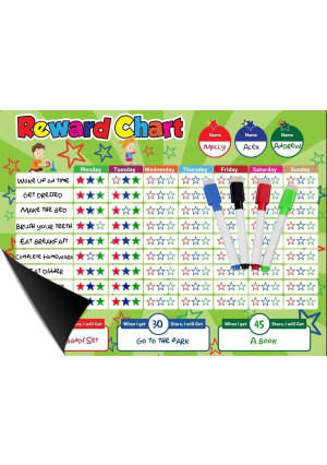 Magnetic Behavior / Star / Reward Chore Chart, One or Multiple Kids, Toddlers, Teens 17" x 13", Premium Dry Erase Surface, Flexible Chart with Full Magnet Backing for Fridge, Teaches Responsibility!