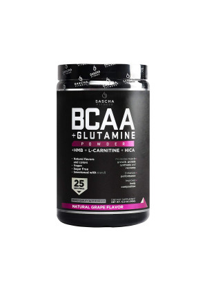 Sascha Fitness BCAA 4:1:1 + Glutamine, HMB, L-Carnitine, HICA | Powerful and Instant Powder Blend with Branched Chain Amino Acids (BCAAs) for Pre, Intra and Post-Workout | Natural Grape Flavor, 350g