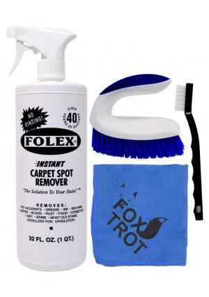 Folex Instant Carpet Spot Remover Kit - 32 OZ Spray Folex Carpet and Upholstery Stain Remover - EZ Scrub - Mini Detail Brush - Foxtrot Microfiber Finishing Cloth