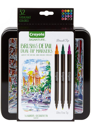 Crayola Brush Markers, Dual-Tip with Ultra Fine Marker, Decorative Storage Case, 32 Colors, 16 Count, Gift